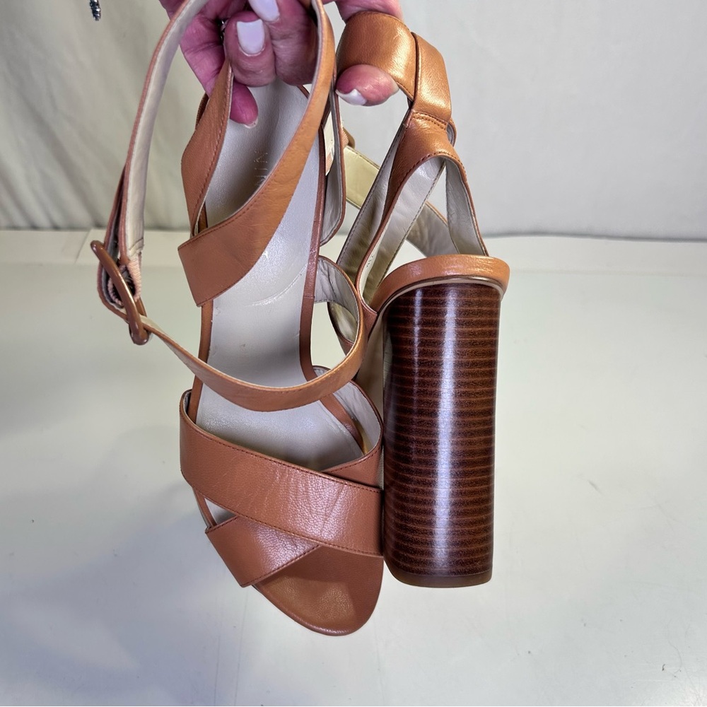 Nine West 70s Inspired Block Heel Tan Leather Strappy Platform Sandals Size 7.5M - Picture 9 of 14